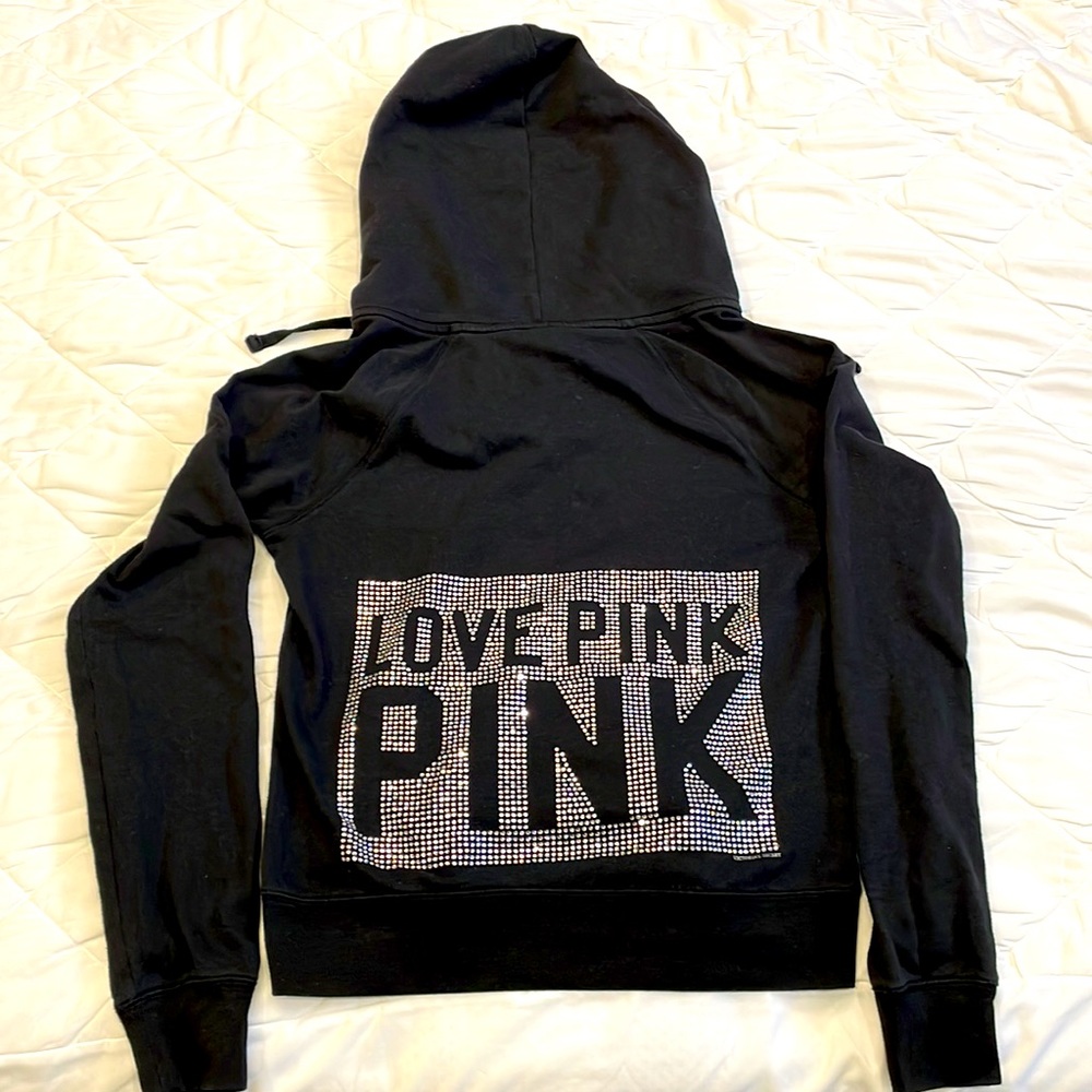 RARE bling/holo Victoria Secret Pink Love Pink black zip-up hoodie, rhinestonesz